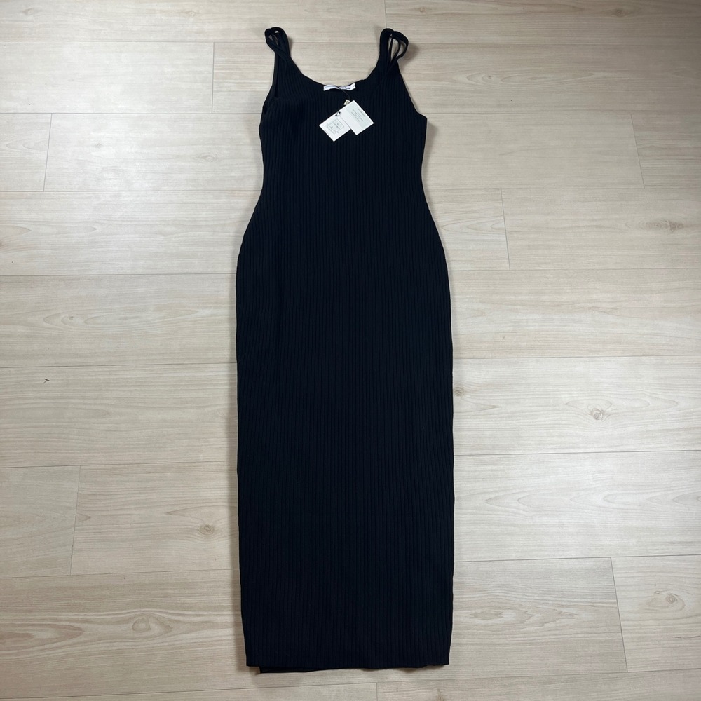 By Egreis Black Ribbed Knit Maxi Dress "Laurie" Bodycon Size L NWT